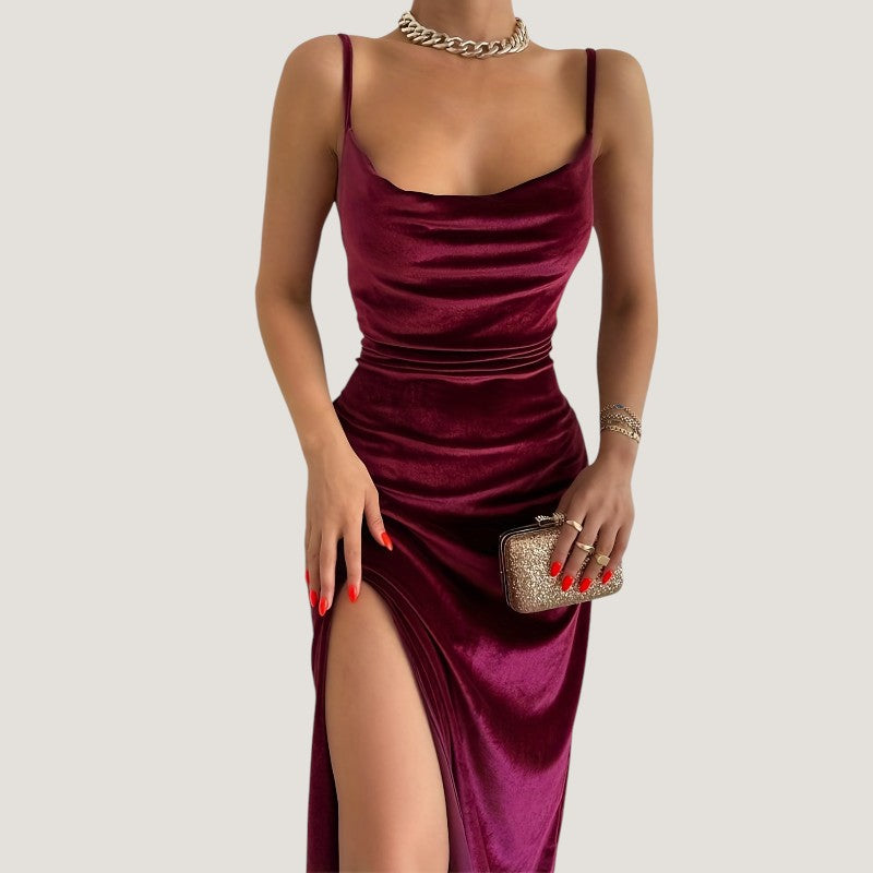 Dames Lange Jurk Bodycon Met Fente en Fronces - Stijlvolle Feestelijke Kleding 100% Polyester 2