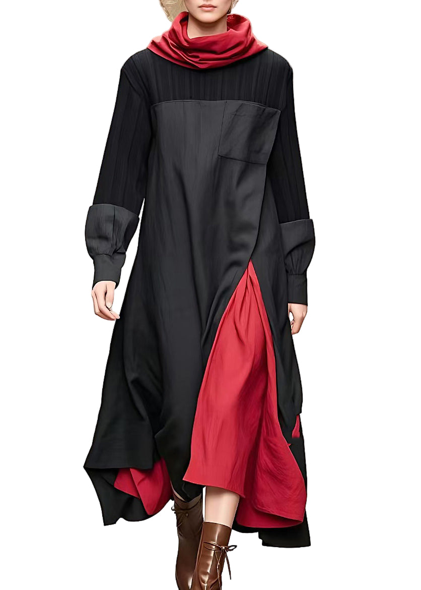 Dames Lange Jurk Met Col en Patchwork 0