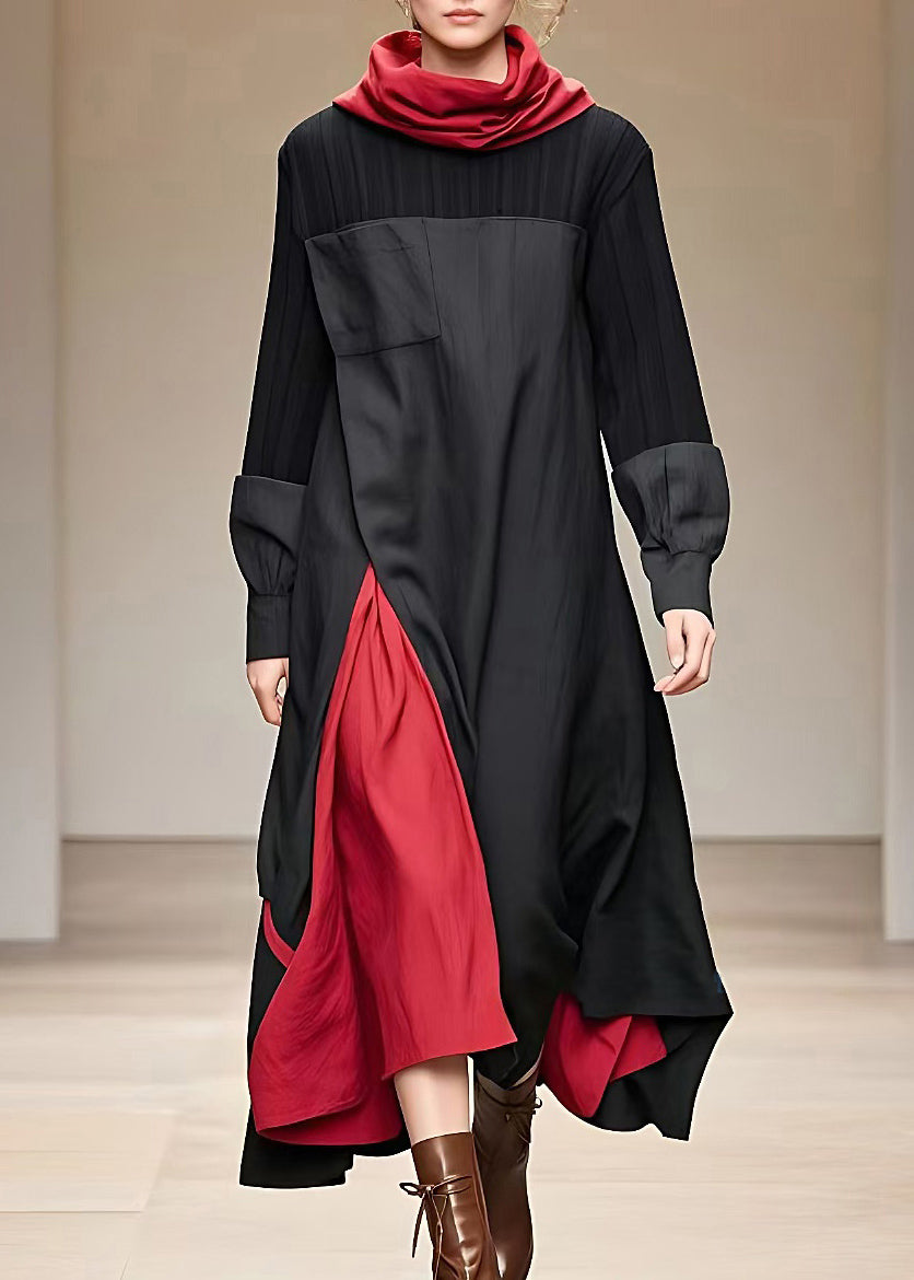 Dames Lange Jurk Met Col en Patchwork 1
