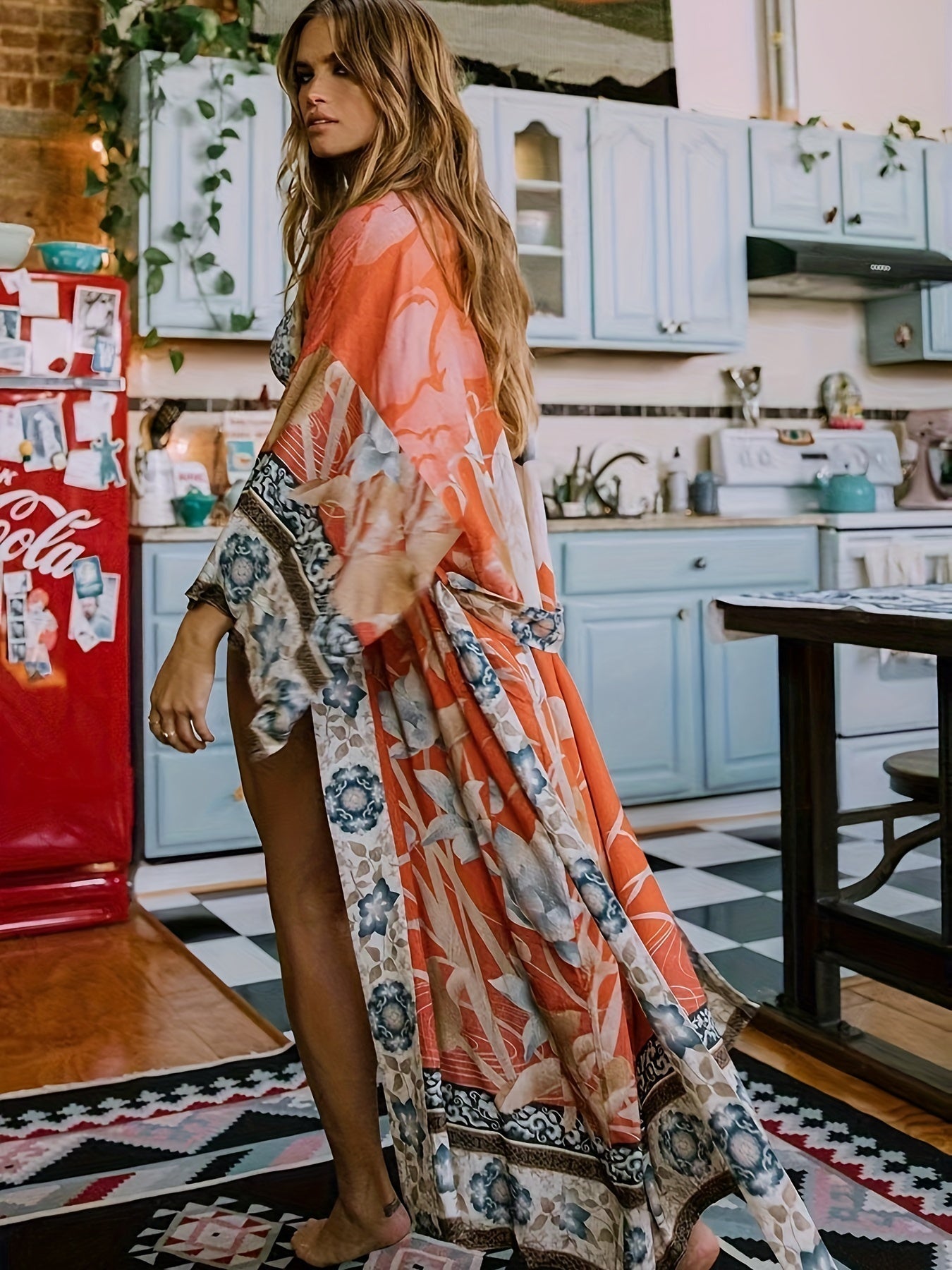 Dames Lange Kimono Bloemenprint Vloeiende Stijl 1