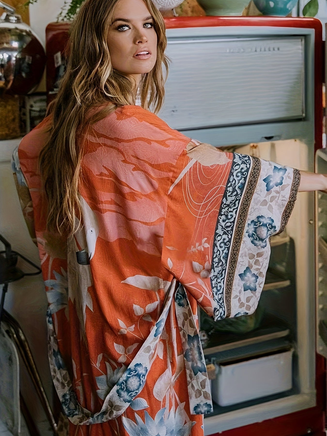 Dames Lange Kimono Bloemenprint Vloeiende Stijl 2