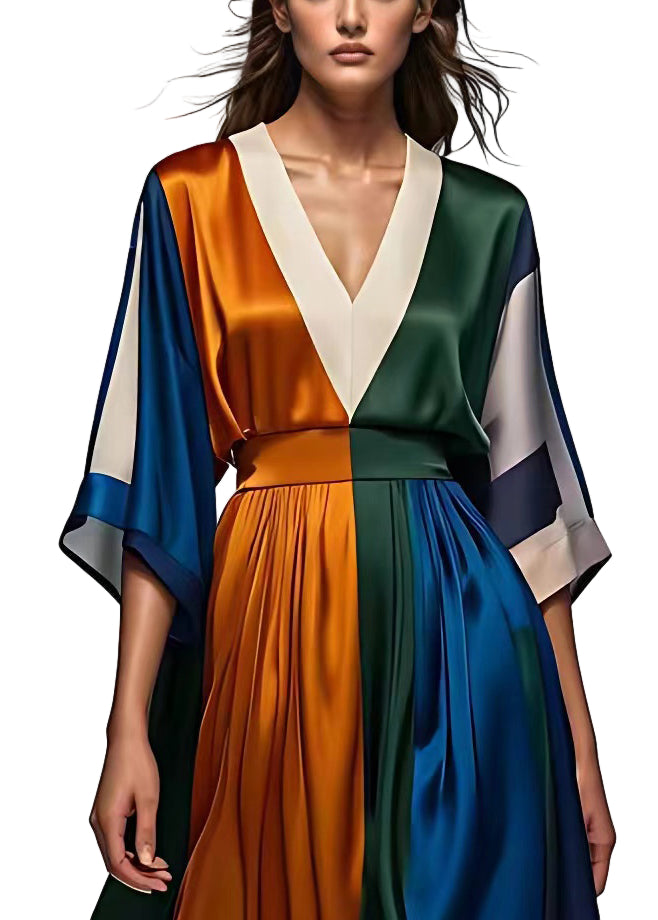 Dames Lange Maxi Jurk V-hals Hoge Taille Met Halve Mouwen 0