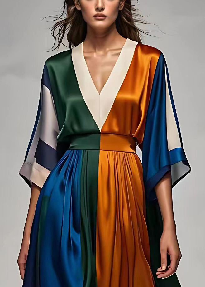 Dames Lange Maxi Jurk V-hals Hoge Taille Met Halve Mouwen 1