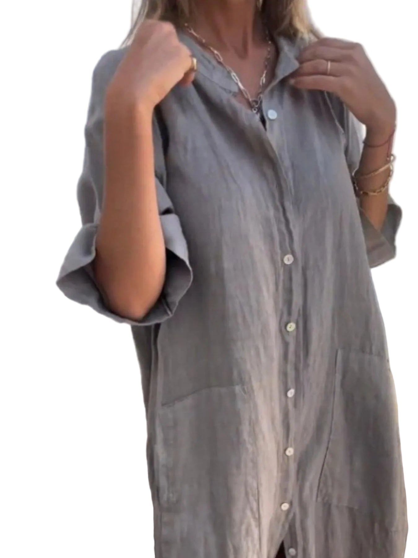 Dames Linnen Look Knop Jurk Casual Plus Size 0