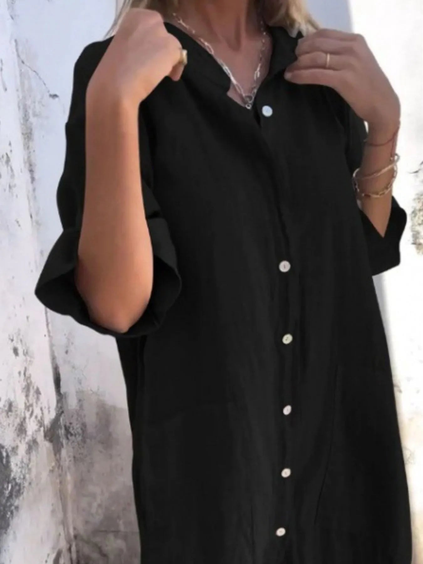 Dames Linnen Look Knop Jurk Casual Plus Size 3