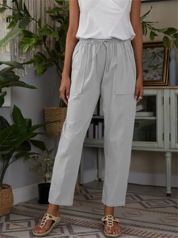 Dames Loungebroek met Elastische Taille en Zak van Katoen en Linnen 0