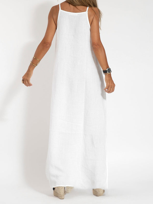 Dames Maxi Jurk Spaghetti Bandjes Katoen-Linnen Lange Zomerjurk 6