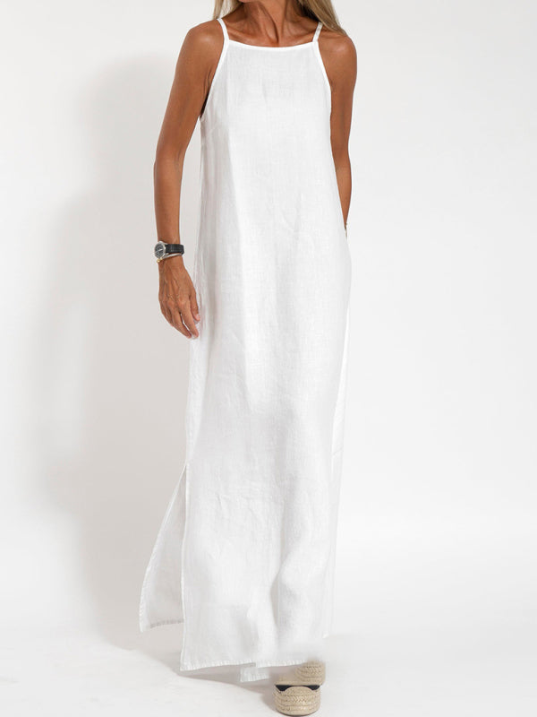 Dames Maxi Jurk Spaghetti Bandjes Katoen-Linnen Lange Zomerjurk 7