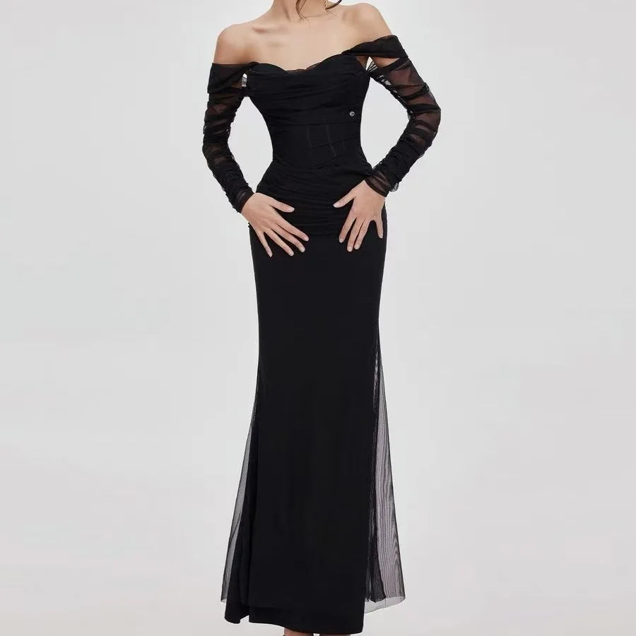 Dames Mermaid Jurk Off-Shoulder Mesh 1