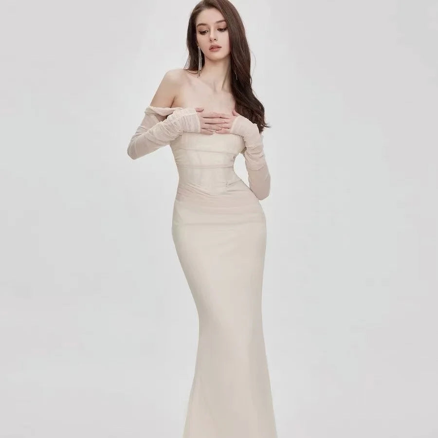 Dames Mermaid Jurk Off-Shoulder Mesh 5