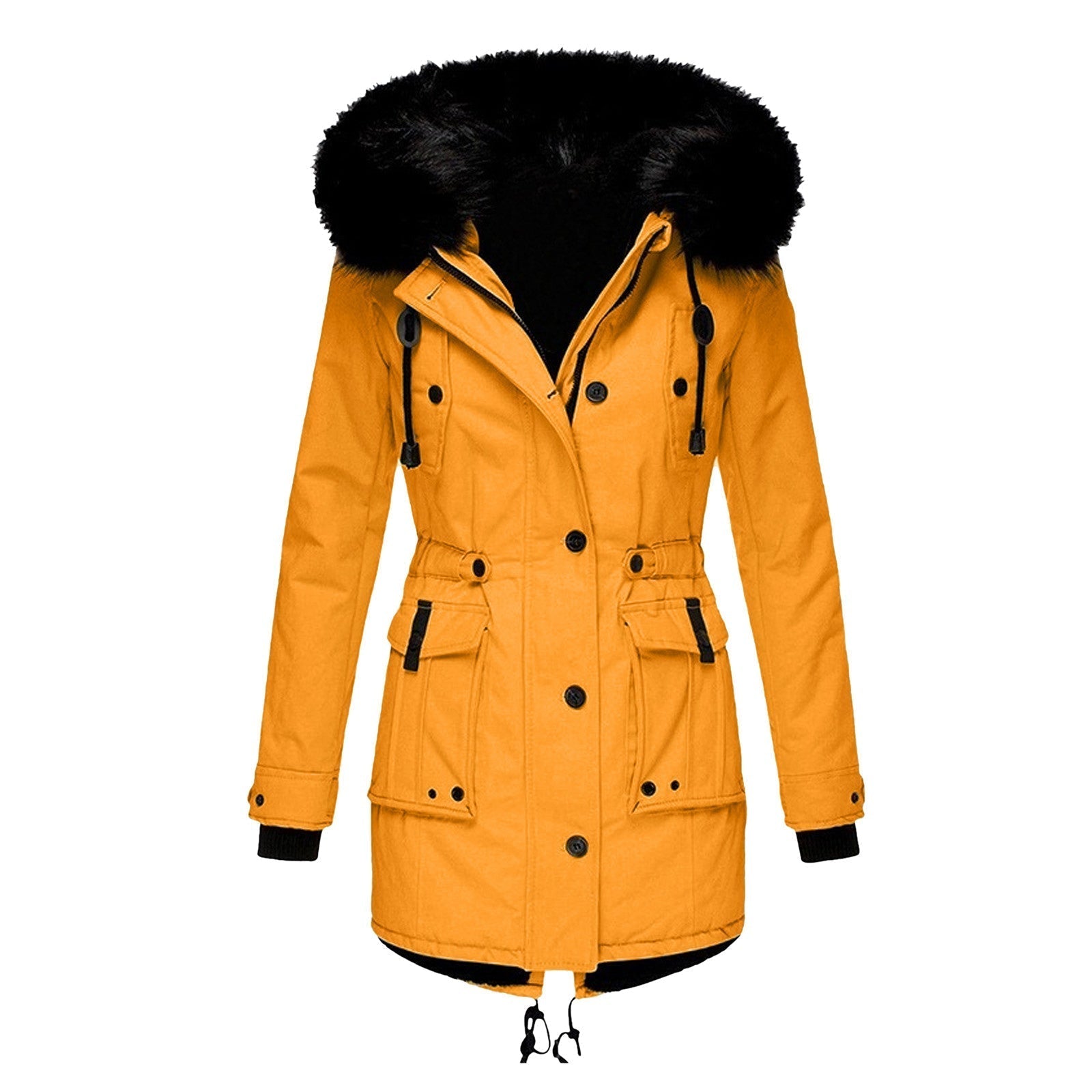 Dames Mid-Length Jas met Faux Fur Kap en Aansnoer Taille 1