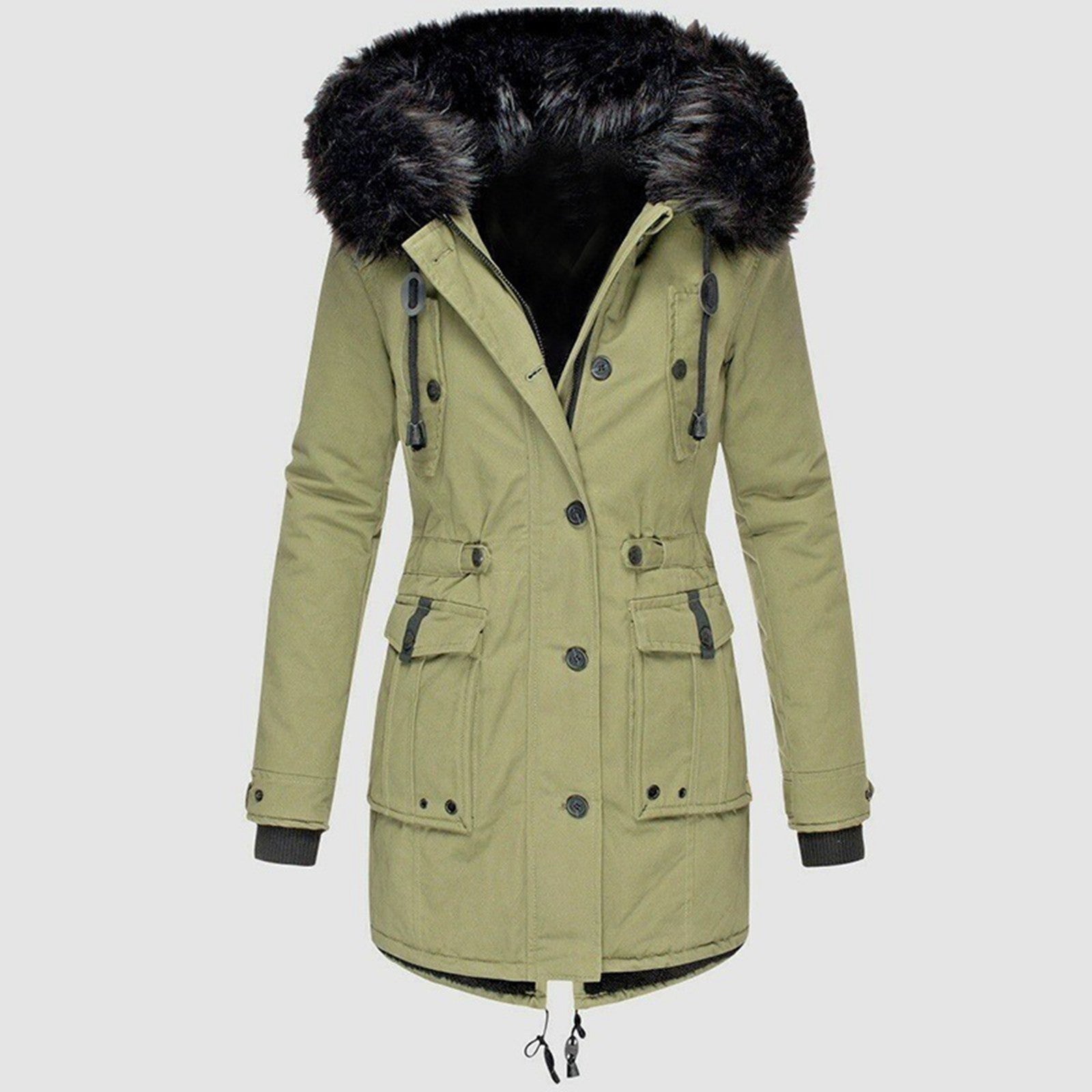 Dames Mid-Length Jas met Faux Fur Kap en Aansnoer Taille 2