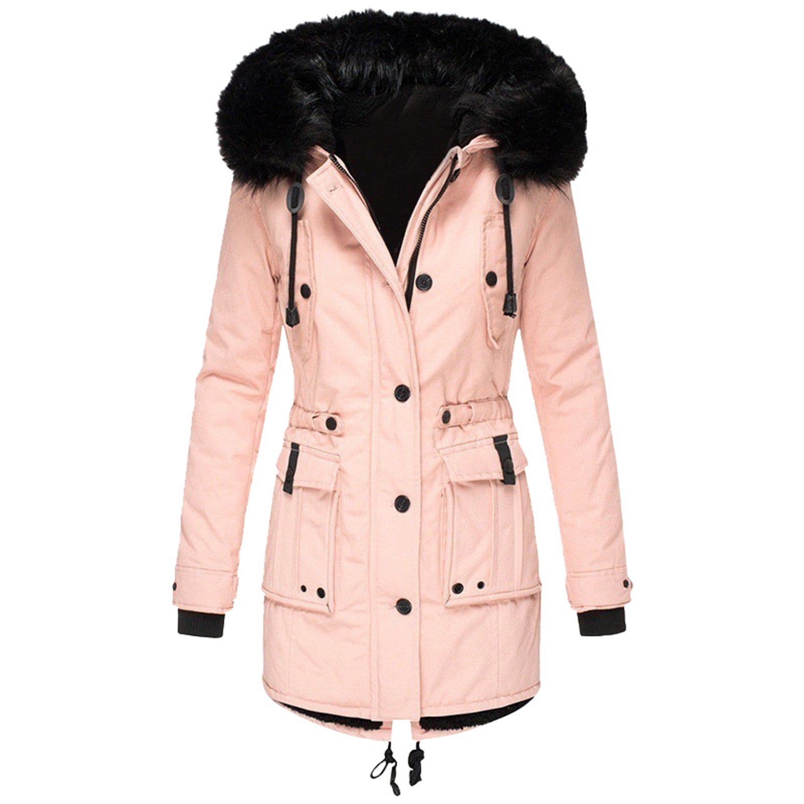 Dames Mid-Length Jas met Faux Fur Kap en Aansnoer Taille 3