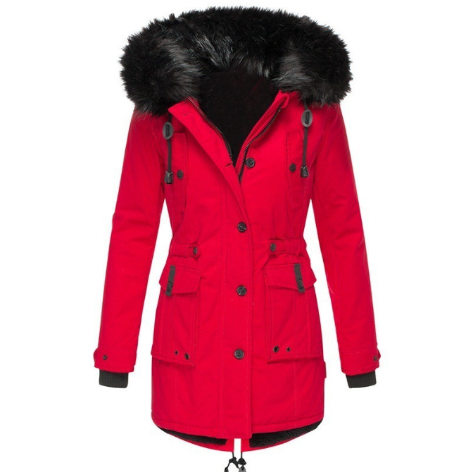 Dames Mid-Length Jas met Faux Fur Kap en Aansnoer Taille 4