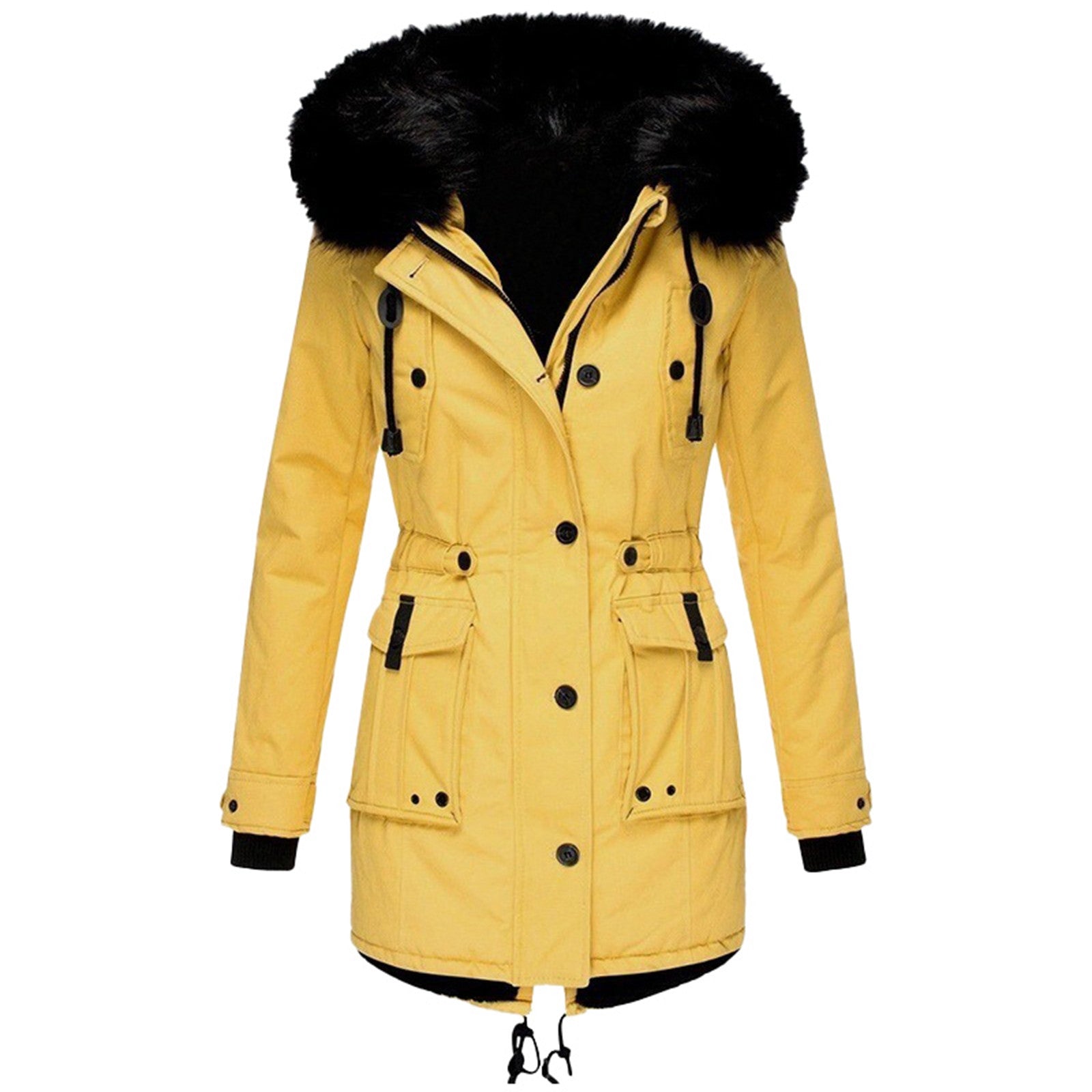 Dames Mid-Length Jas met Faux Fur Kap en Aansnoer Taille 5