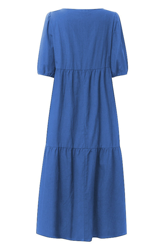Dames Midi Jurk Met Ronde Hals En Pofmouwen Van Linnenmix 1
