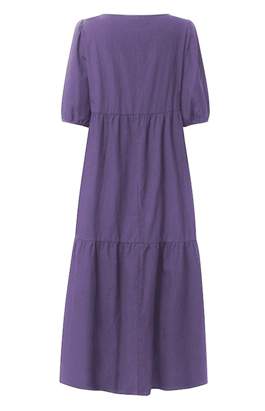 Dames Midi Jurk Met Ronde Hals En Pofmouwen Van Linnenmix 3