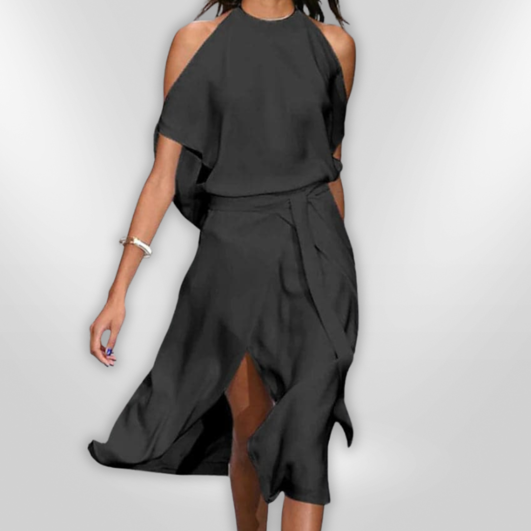 Dames Midi Jurk Open Schouders Asymmetrische Zoom Zachte Stof 2