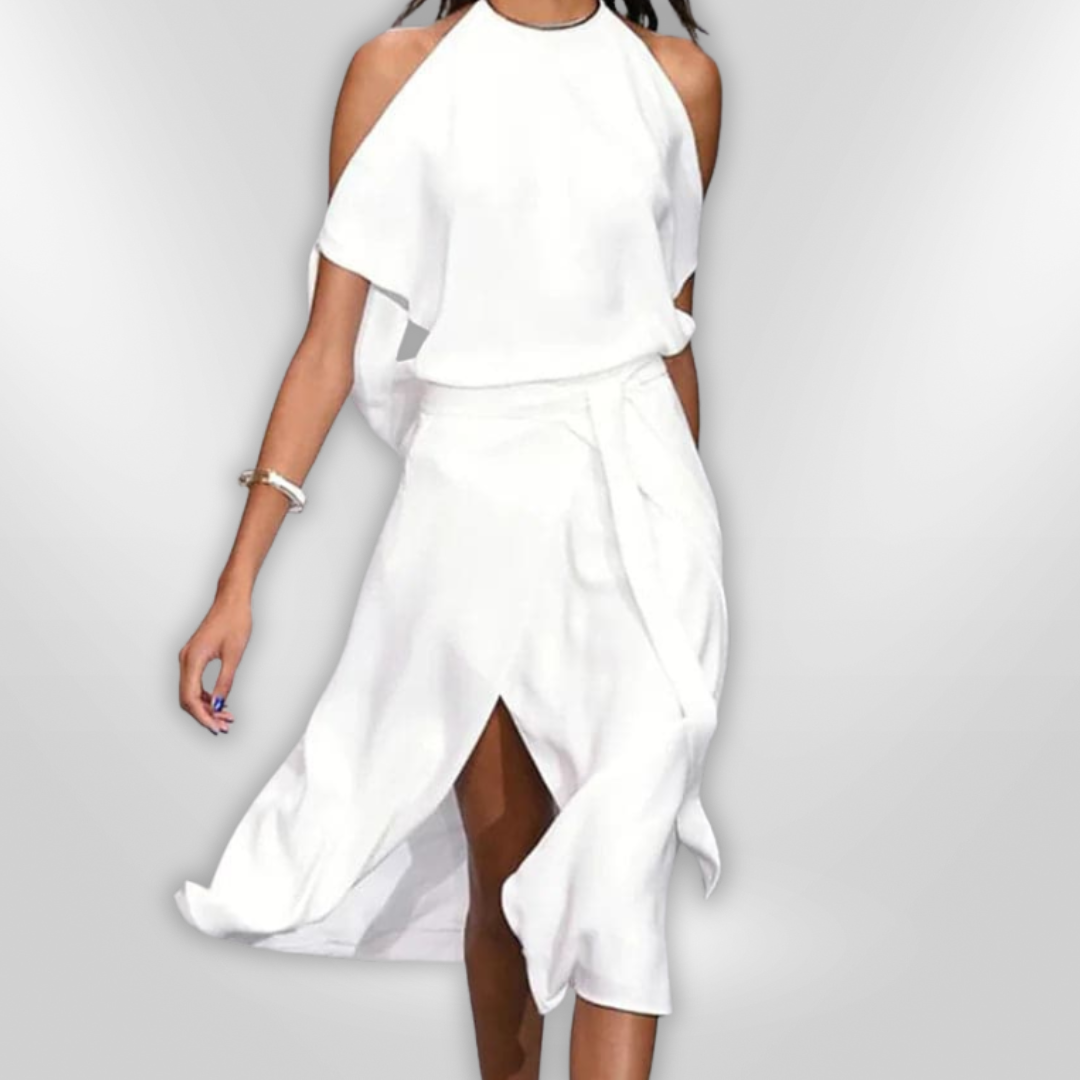 Dames Midi Jurk Open Schouders Asymmetrische Zoom Zachte Stof 3