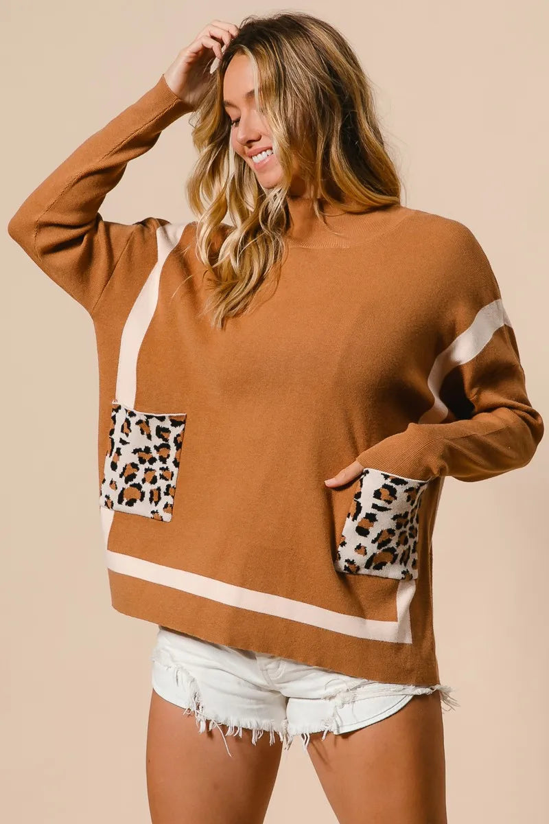 Dames Mock Neck Trui met Luipaard Pocket 1