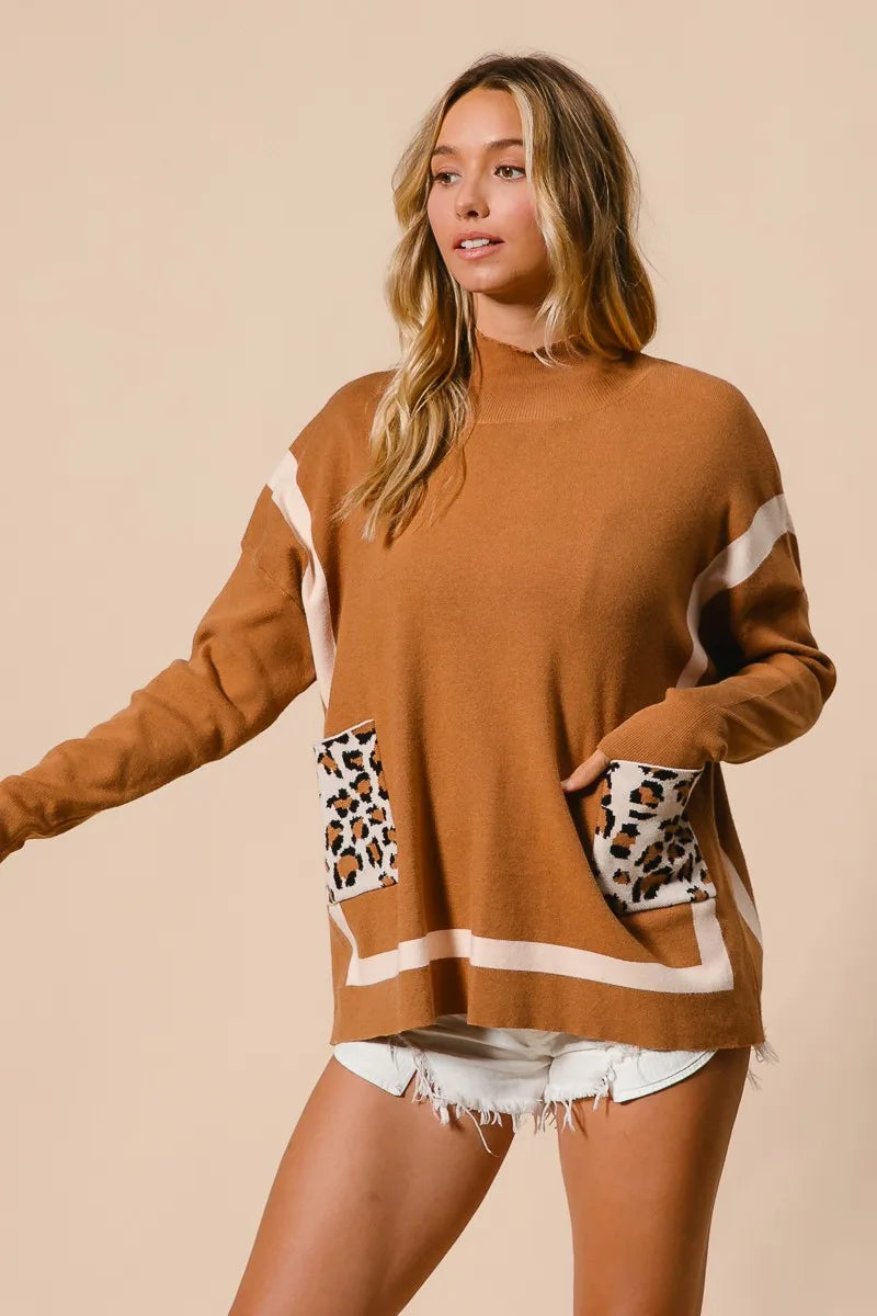 Dames Mock Neck Trui met Luipaard Pocket 6