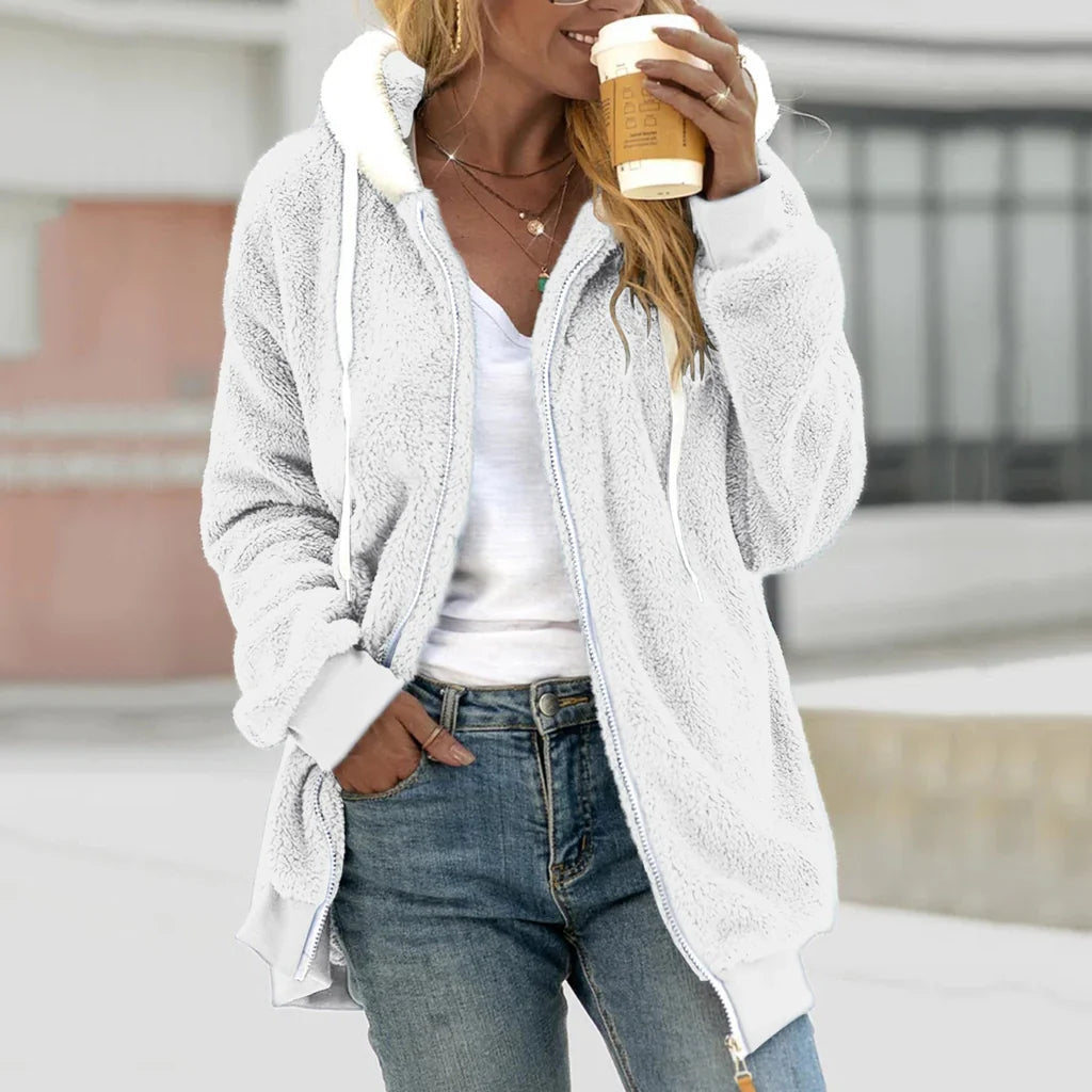 Dames Oversized Fleece Cardigan met Kap en Geribbelde Mouwen 2