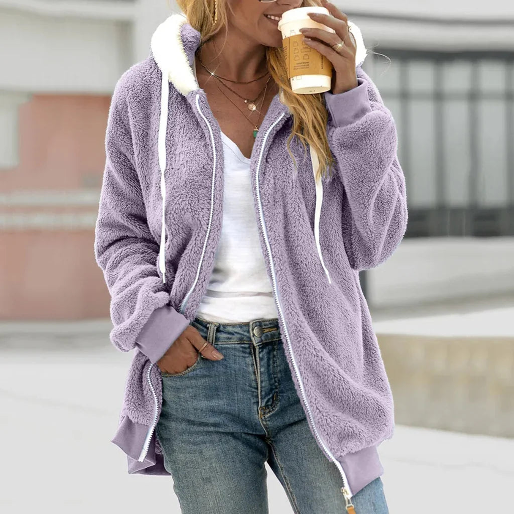 Dames Oversized Fleece Cardigan met Kap en Geribbelde Mouwen 5
