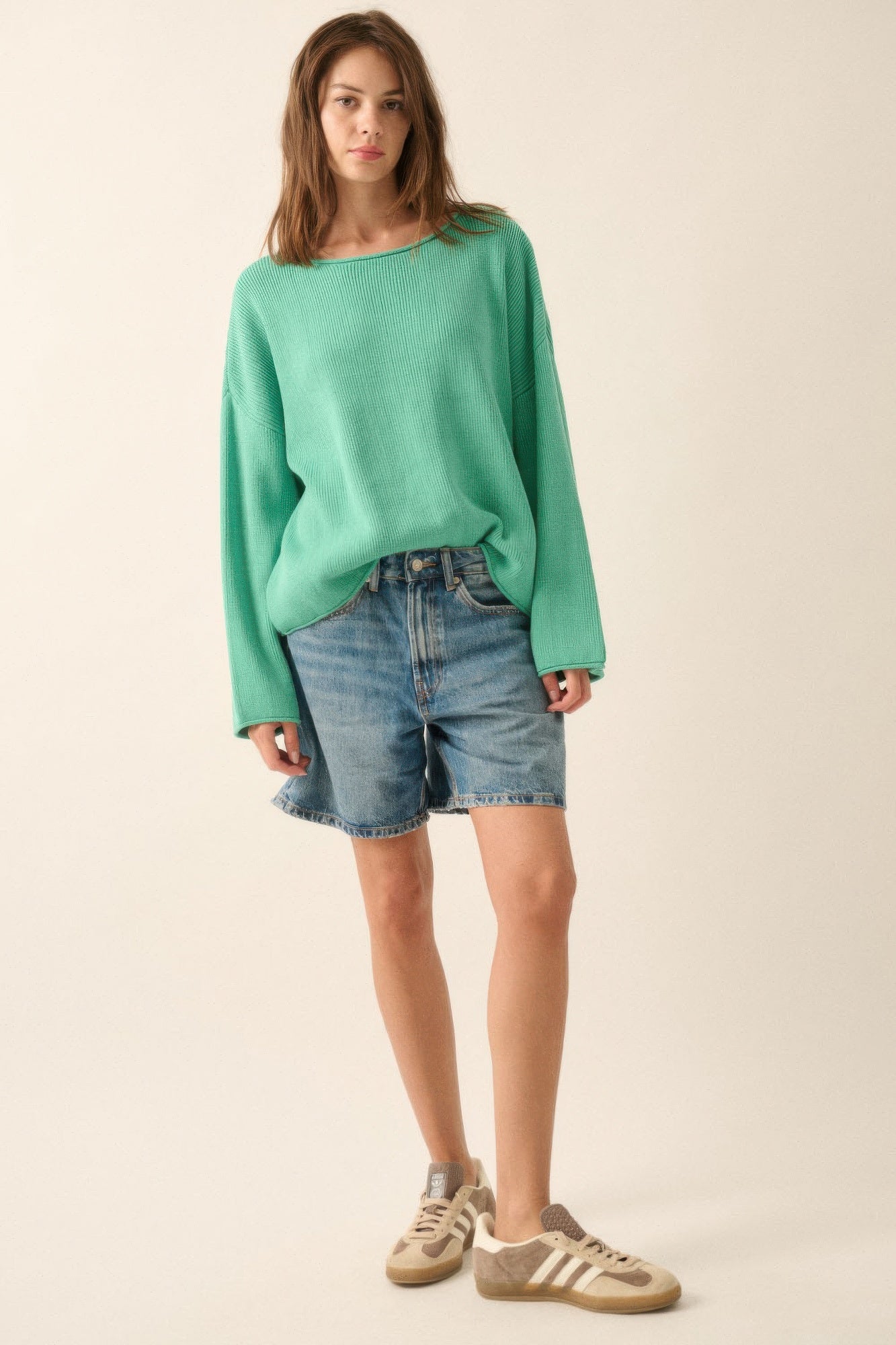 Dames Oversized Trui Boot Hals Ribgebreid Katoenmix 1