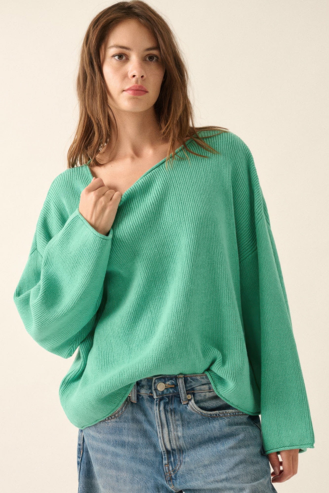 Dames Oversized Trui Boot Hals Ribgebreid Katoenmix 2