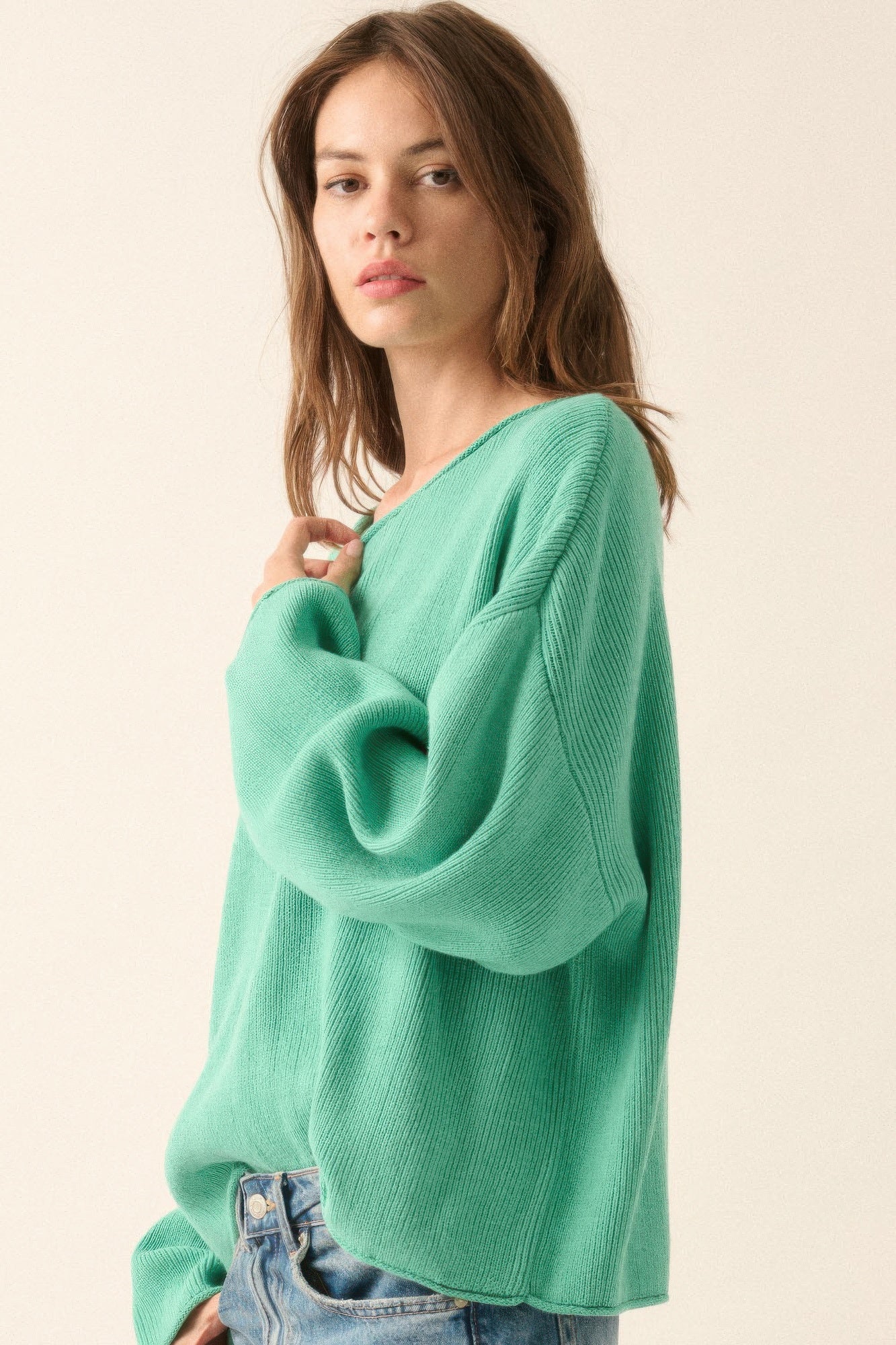 Dames Oversized Trui Boot Hals Ribgebreid Katoenmix 3