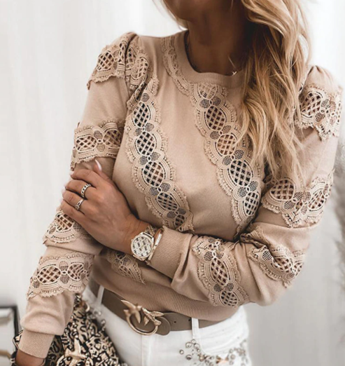 Dames Pullover Lange Mouwen O-hals met Kant Hollow-out Design 5