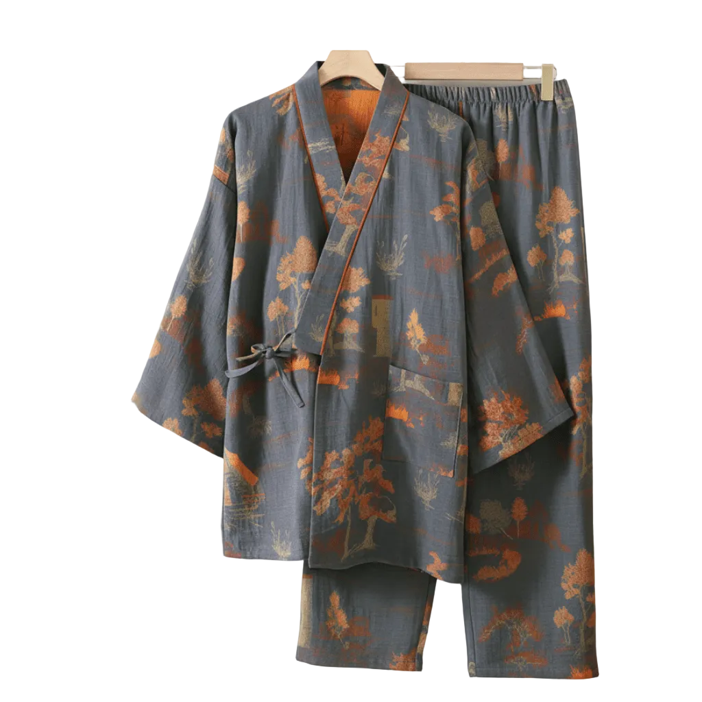 Dames Pyjama Set Kimono Met Artistieke Aquarelpatronen 0