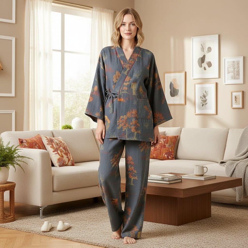 Dames Pyjama Set Kimono Met Artistieke Aquarelpatronen 1