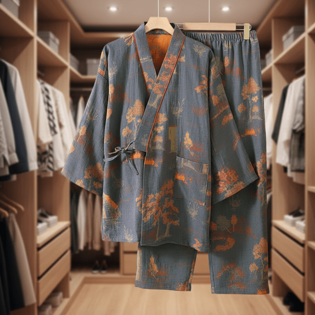 Dames Pyjama Set Kimono Met Artistieke Aquarelpatronen 2