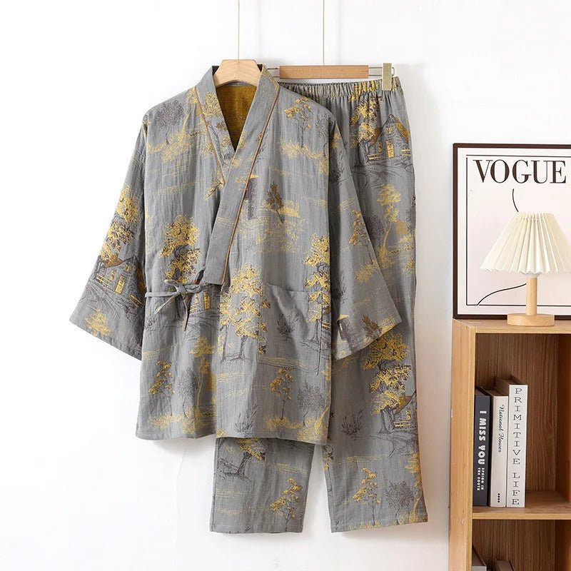 Dames Pyjama Set Kimono Met Artistieke Aquarelpatronen 3