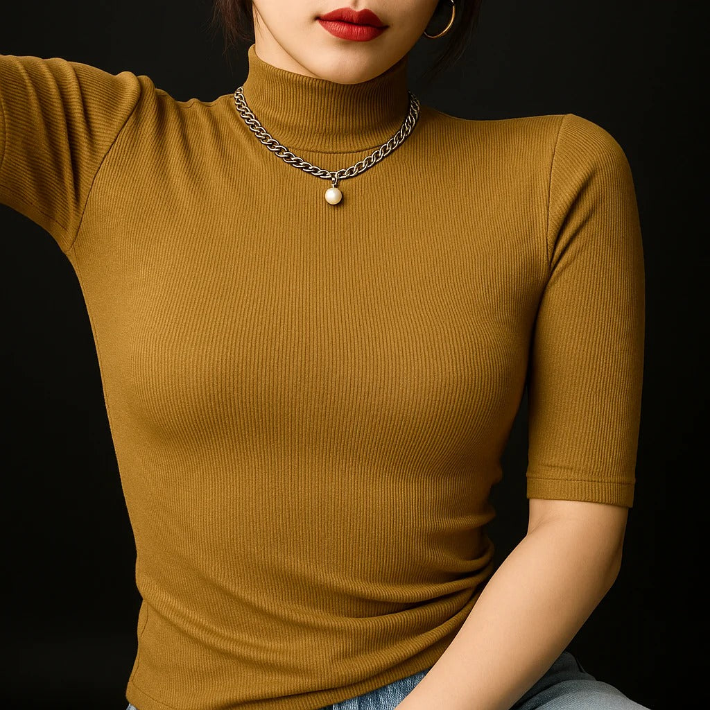 Dames Ribbel Mock Neck Top Casual Katoenmix 6