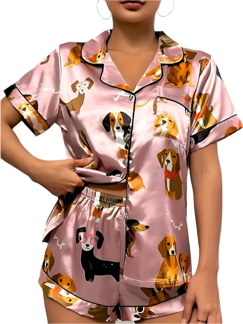 Dames Satijnen Pyjama Set met Puppy Print 0