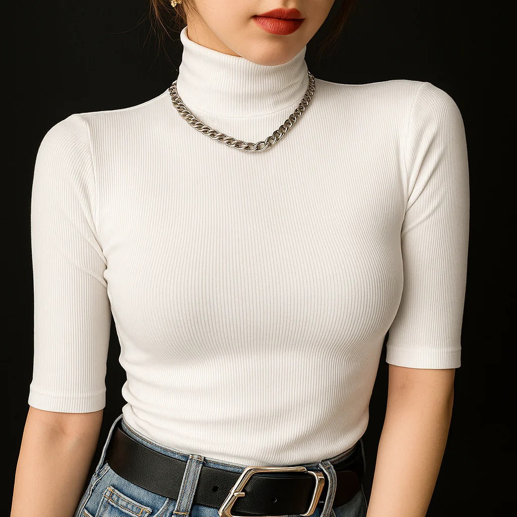 Dames Top Mock Neck Ribbelstof Katoenmix 2