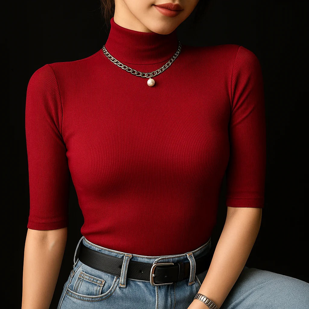 Dames Top Mock Neck Ribbelstof Katoenmix 3