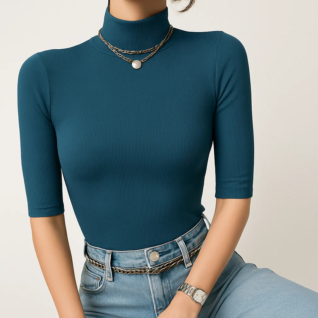Dames Top Mock Neck Ribbelstof Katoenmix 7
