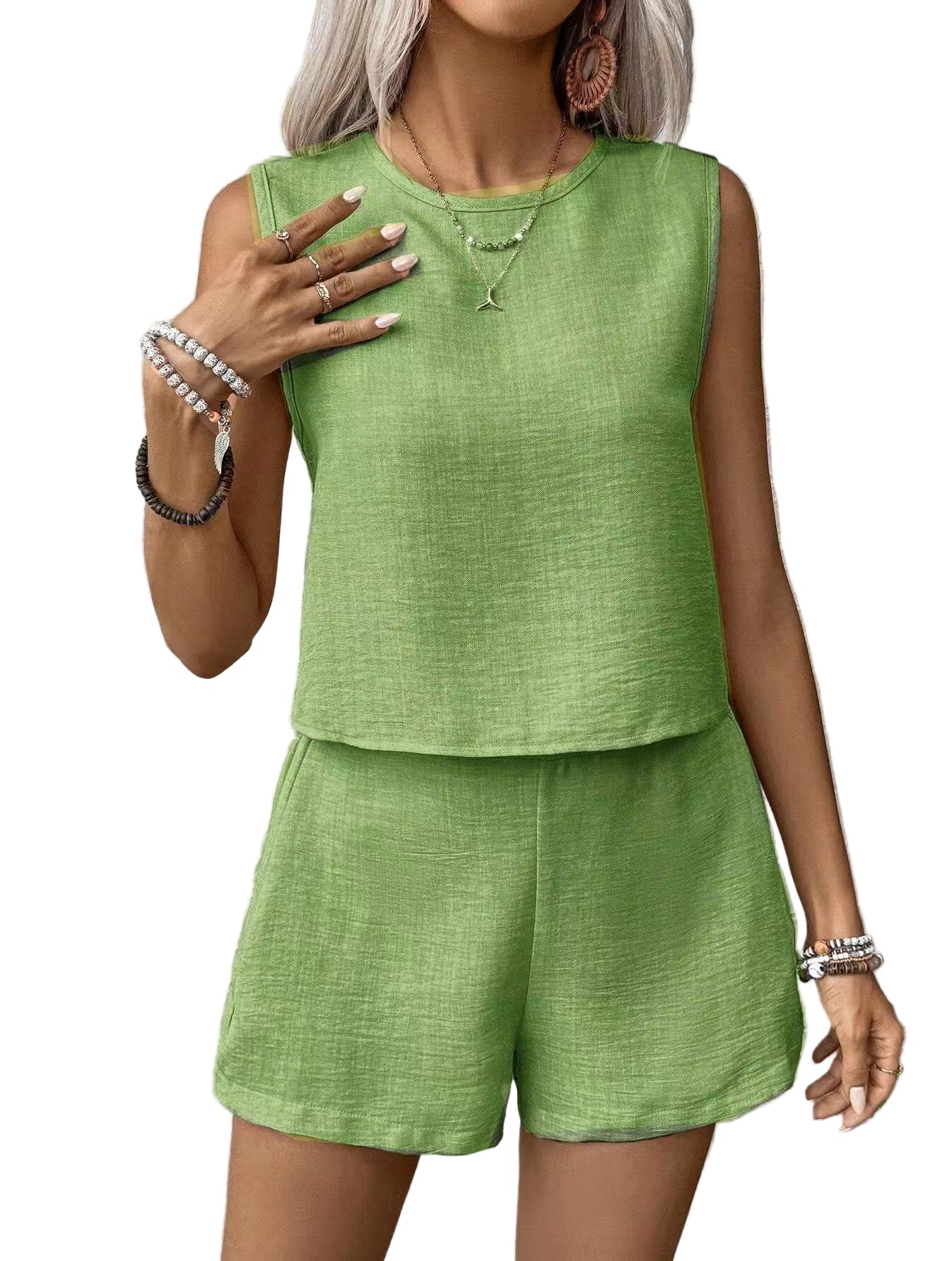 Dames Twee-Piece Set Lichte Geweven Stijl Cropped Top en Hoge Taille Shorts 4