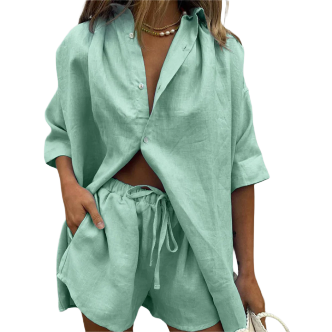 Dames Two Piece Set Comfy Oversized Blouse en Short van Ademend Materiaal 0