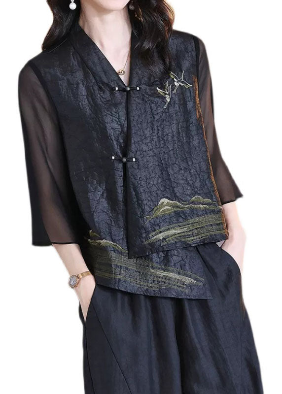 Dames Winterjas Retro V-hals Patchwork Met Chinese Knoop 4