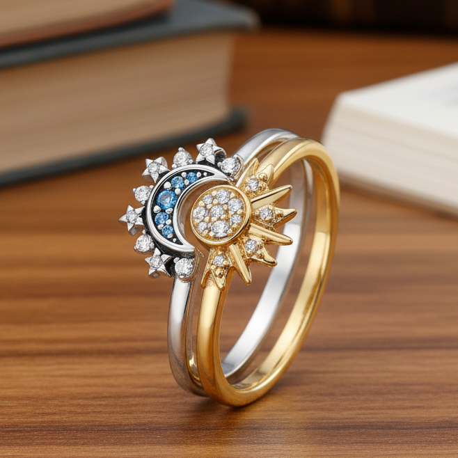 Dames Zilveren Ring Maan en Zonontwerp voor Tijdloze Stijl 0