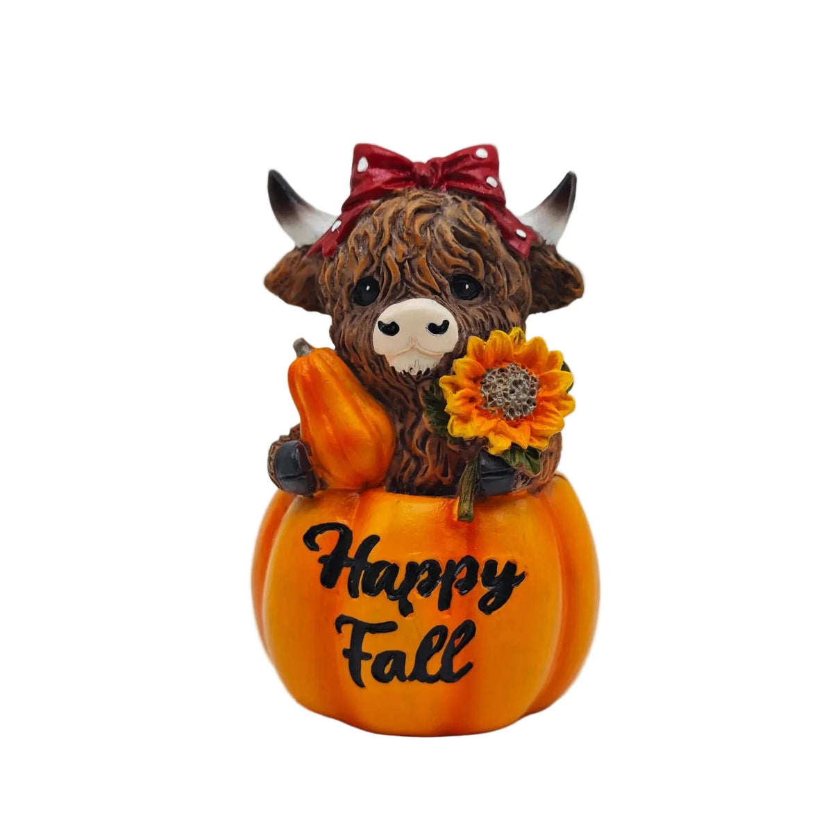Decoratief Beeldje Schotse Hooglandkoe in Pompoenkostuum Herfststijl 0
