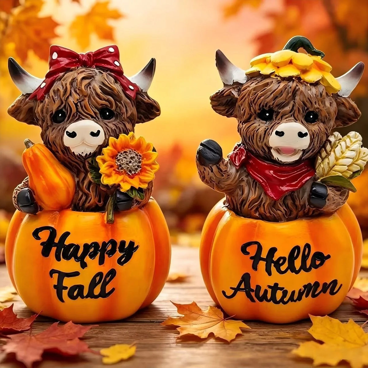 Decoratief Beeldje Schotse Hooglandkoe in Pompoenkostuum Herfststijl 1