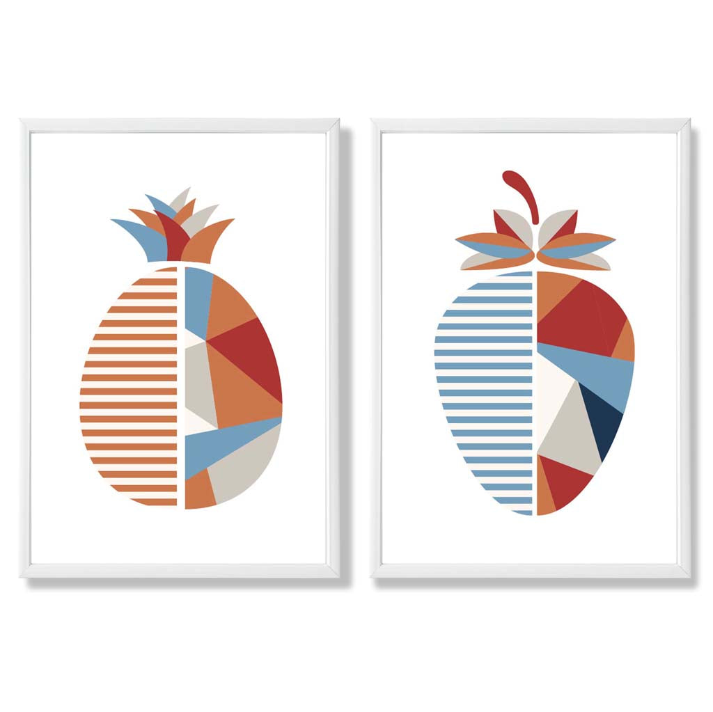 Geometrische Kunstafdrukken Set van 2 met Aardbeien en Ananas 3