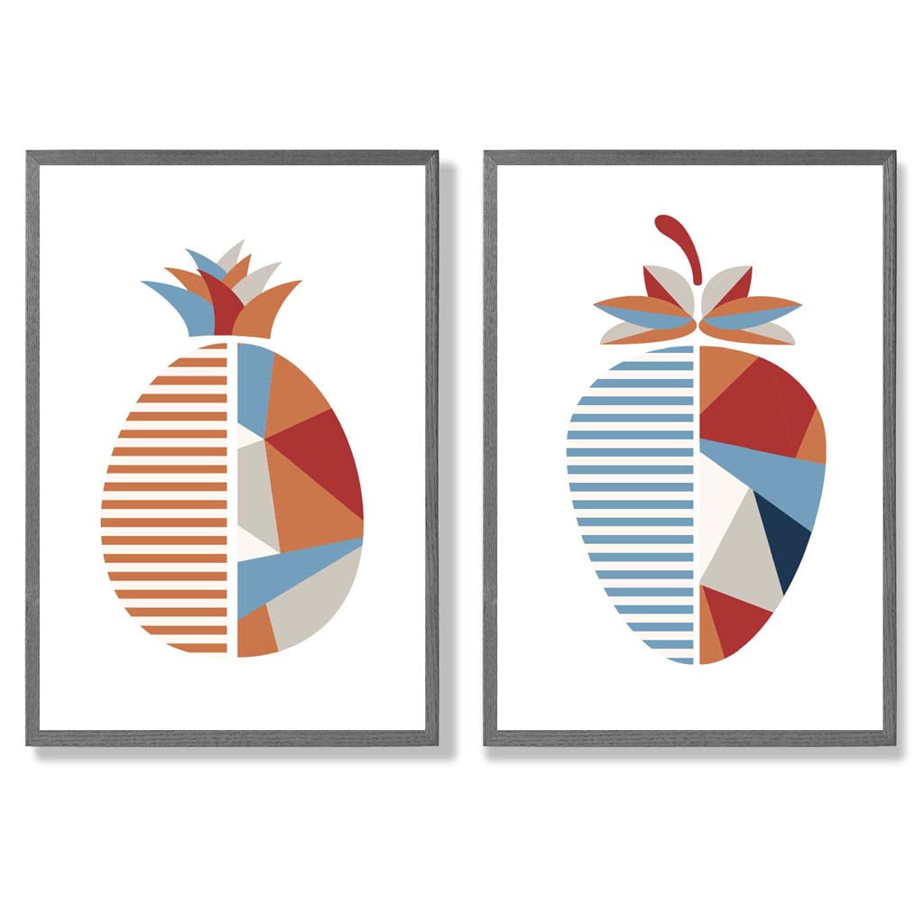 Geometrische Kunstafdrukken Set van 2 met Aardbeien en Ananas 4