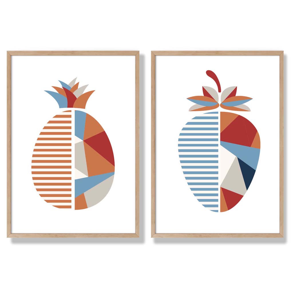 Geometrische Kunstafdrukken Set van 2 met Aardbeien en Ananas 6