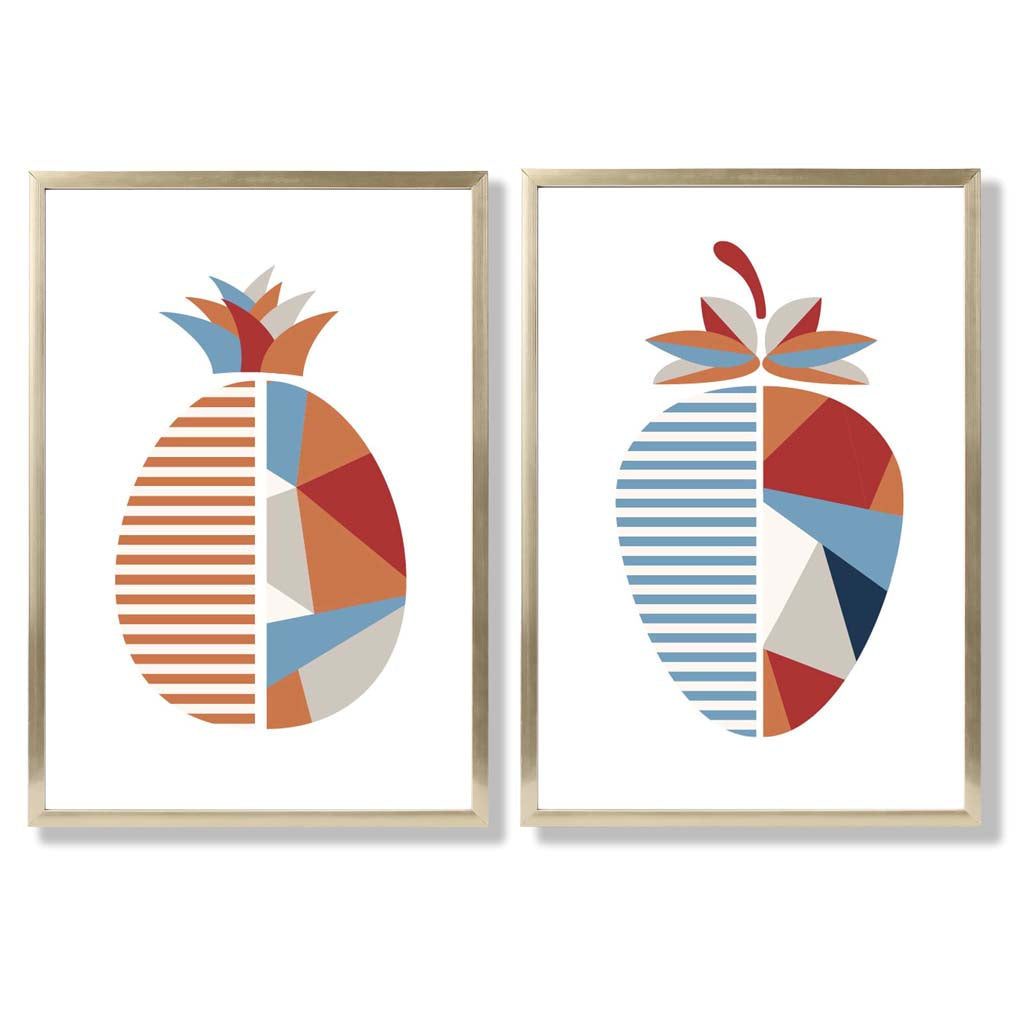 Geometrische Kunstafdrukken Set van 2 met Aardbeien en Ananas 8